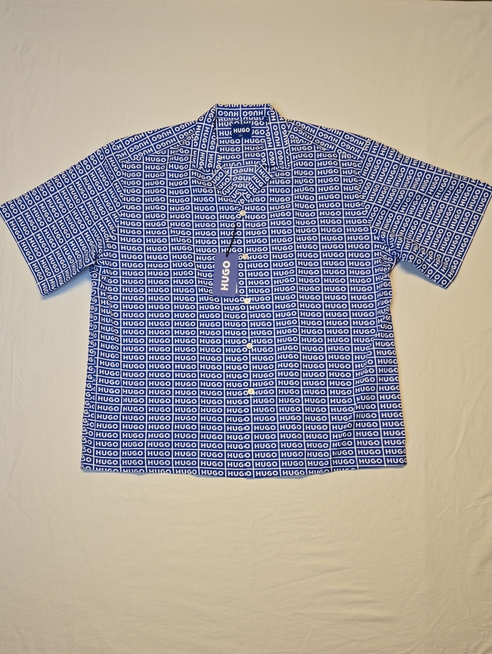 Hugo Boss Blue and White All-Over Logo Button Down Polo Shirt
